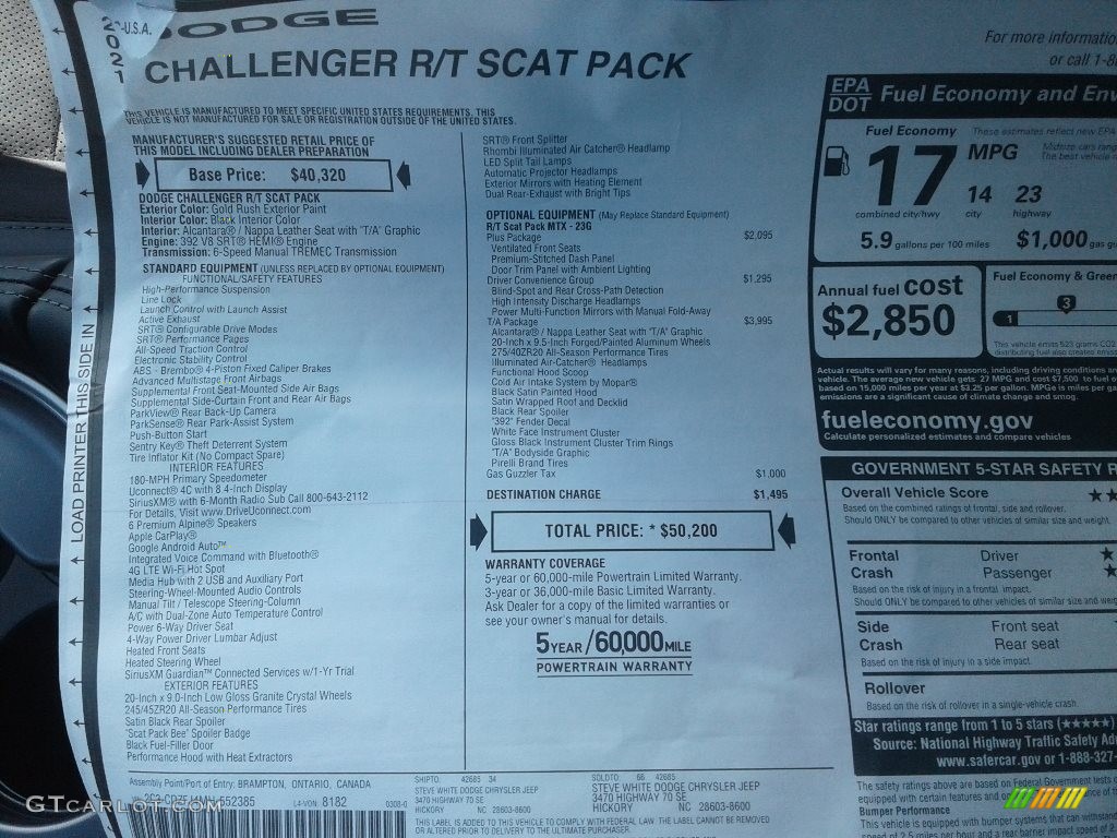 2021 Dodge Challenger R/T Scat Pack Window Sticker Photo #141559494