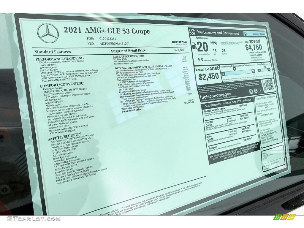 2021 Mercedes-Benz GLE 53 AMG 4Matic Coupe Window Sticker Photo #141562176