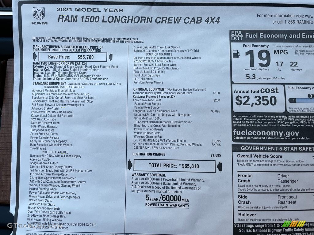 2021 Ram 1500 Long Horn Crew Cab 4x4 Window Sticker Photo #141566501