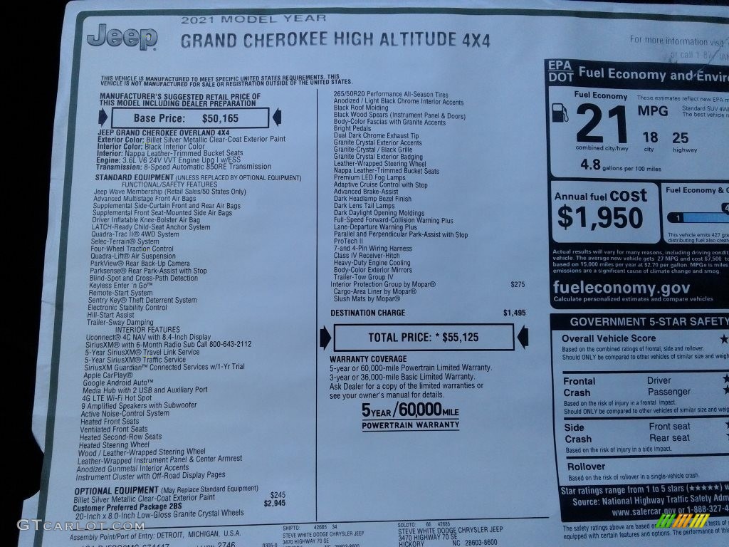 2021 Jeep Grand Cherokee High Altitude 4x4 Window Sticker Photo #141568360