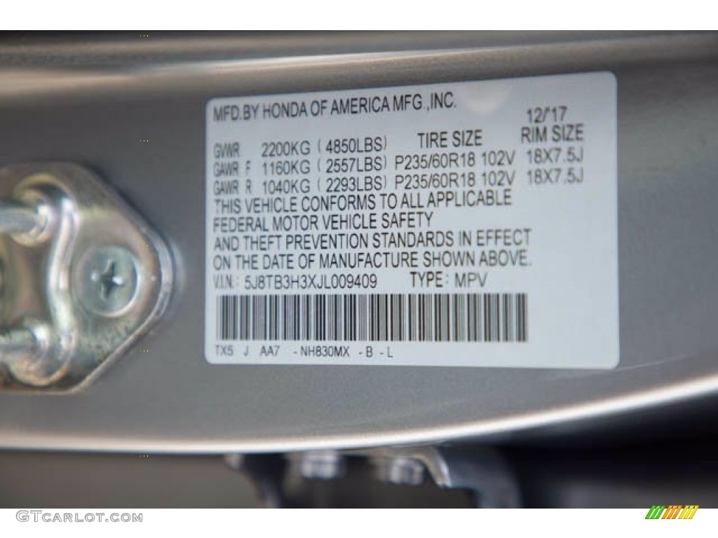 2018 RDX Color Code NH830MX for Lunar Silver Metallic Photo #141619486
