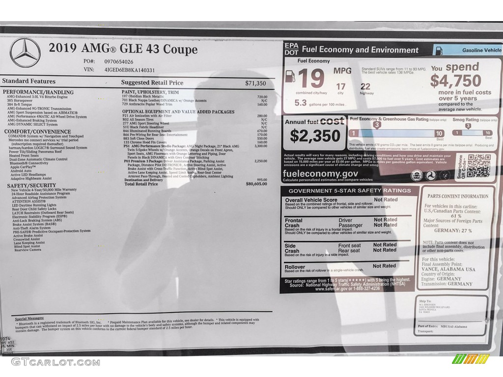 2019 Mercedes-Benz GLE 43 AMG 4Matic Coupe Studio/Night Package Window Sticker Photos