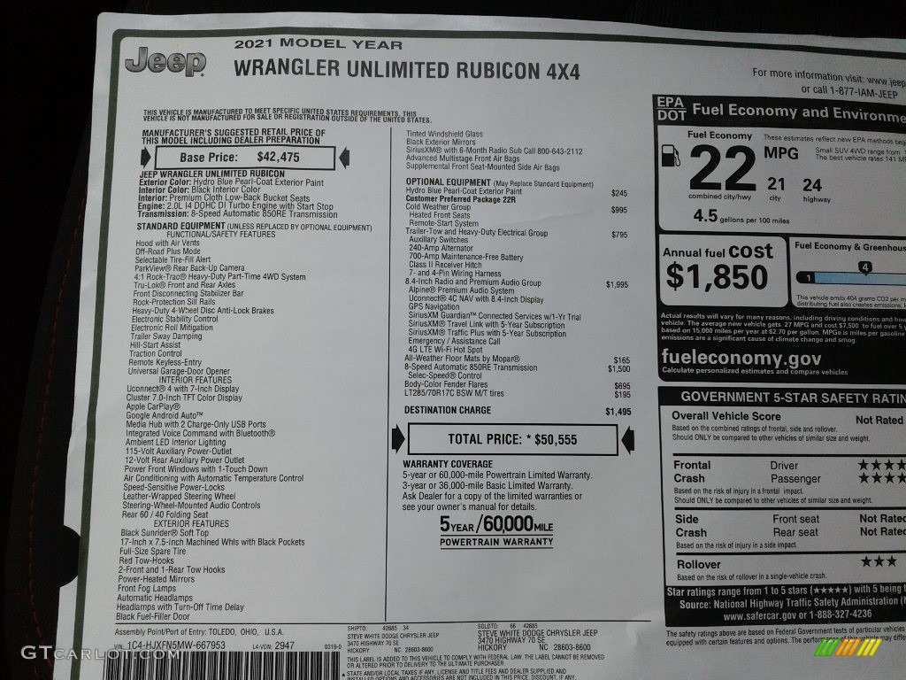 2021 Jeep Wrangler Unlimited Rubicon 4x4 Window Sticker Photo #141630183
