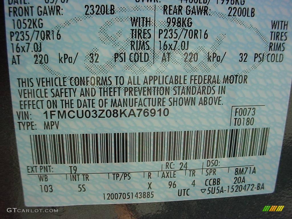 2008 Escape Color Code T9 for Black Pearl Slate Metallic Photo #1416334