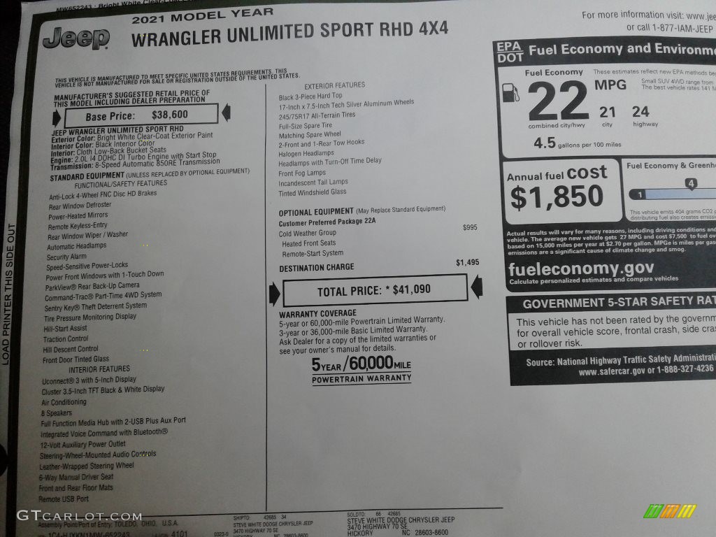 2021 Jeep Wrangler Unlimited Sport 4x4 Right Hand Drive Window Sticker Photo #141639055