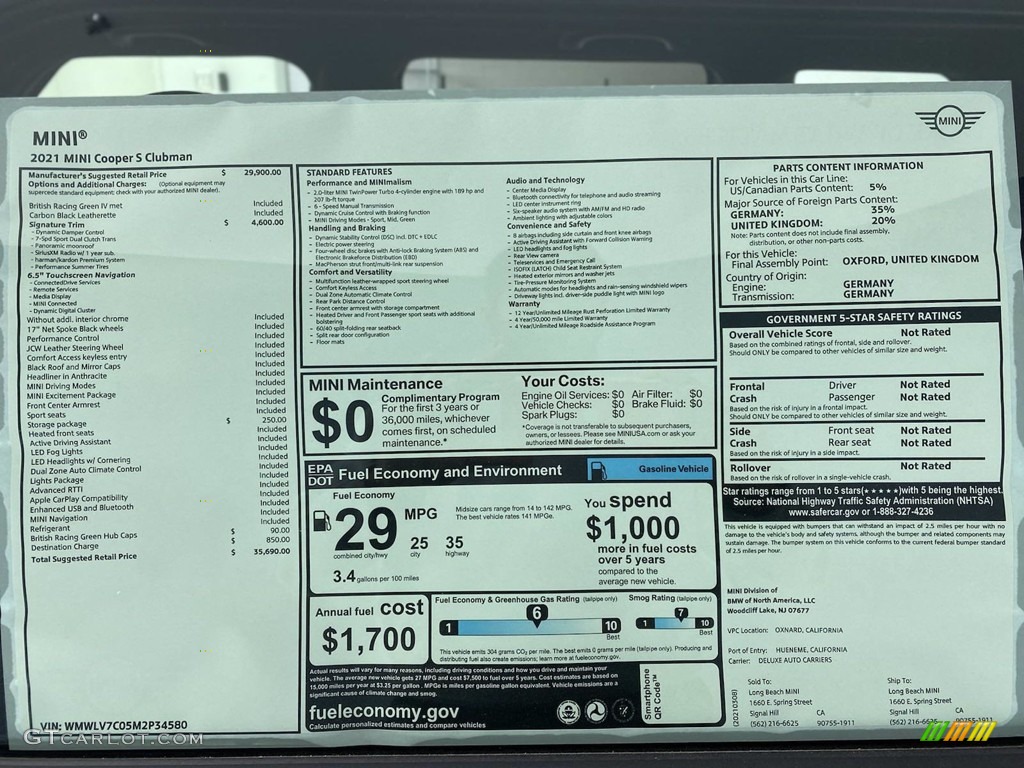 2021 Mini Clubman Cooper S Window Sticker Photos