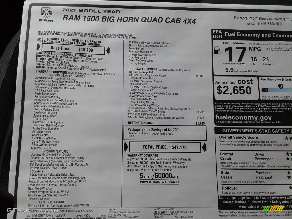 2021 1500 Big Horn Quad Cab 4x4 - Bright White / Diesel Gray/Black photo #29