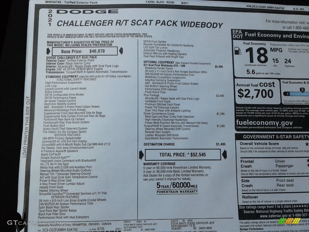 2021 Dodge Challenger R/T Scat Pack Widebody Window Sticker Photo #141685598