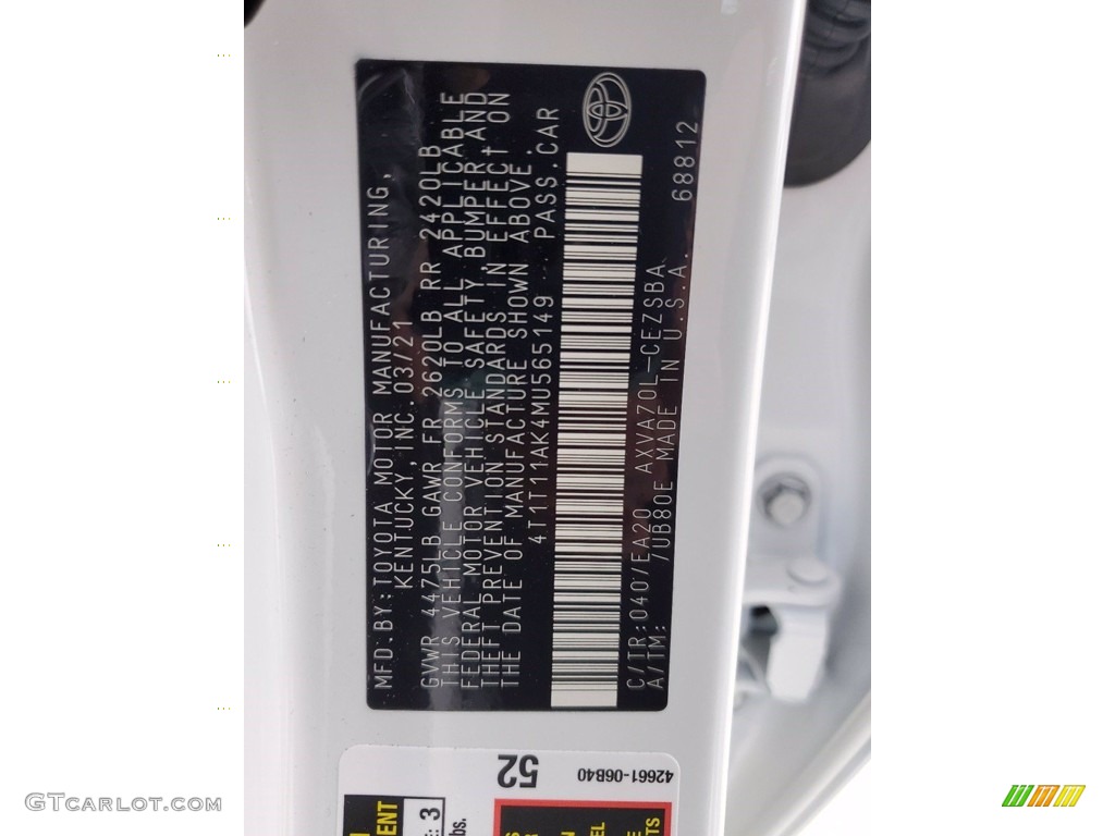 2021 Camry Color Code 040 for Super White Photo #141704385