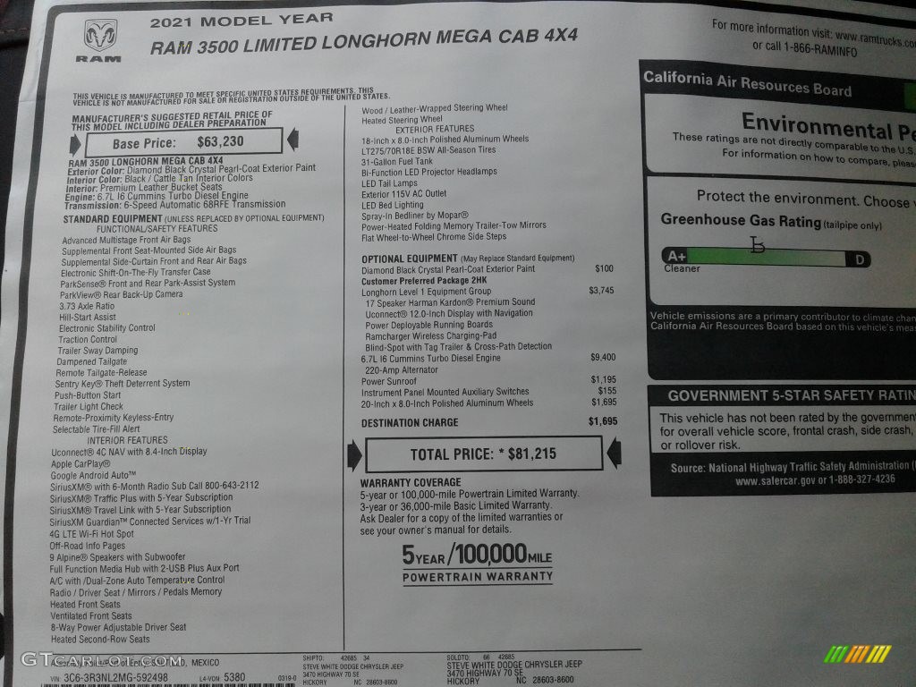 2021 Ram 3500 Limited Longhorn Mega Cab 4x4 Window Sticker Photo #141711069