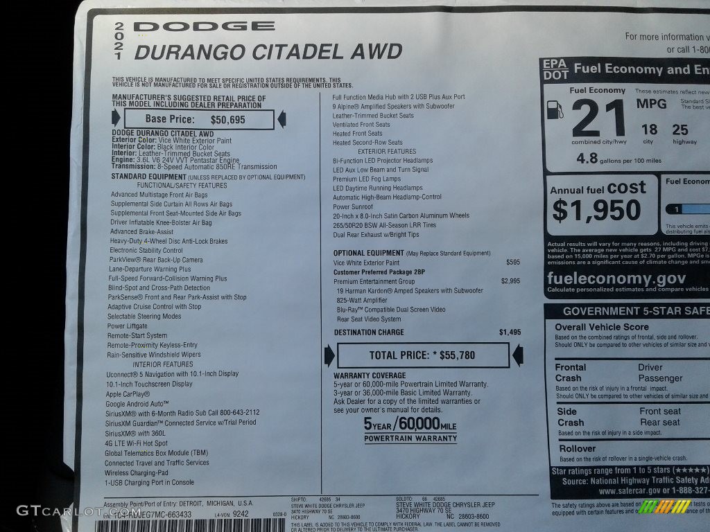 2021 Durango Citadel AWD - Vice White / Black photo #38