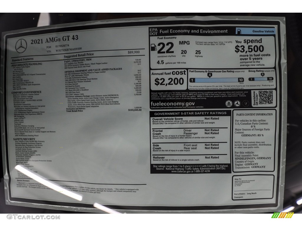 2021 Mercedes-Benz AMG GT 43 Window Sticker Photos