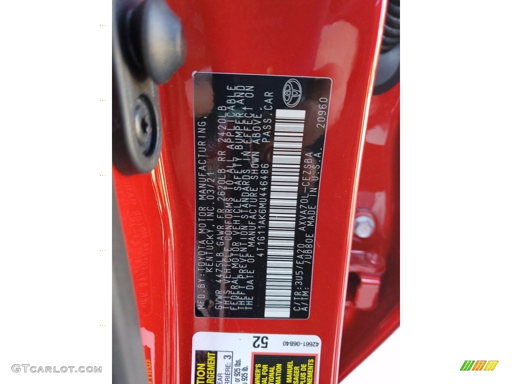 2021 Camry Color Code 3U5 for Supersonic Red Photo #141742965