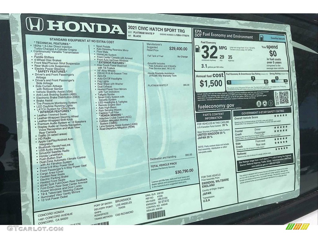 2021 Honda Civic Sport Touring Hatchback Window Sticker Photo #141776606