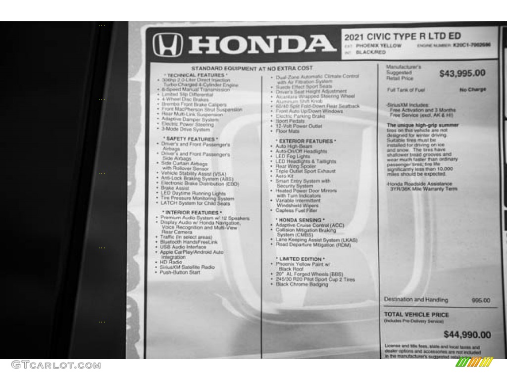 2021 Honda Civic Type R Limited Edition Window Sticker Photos