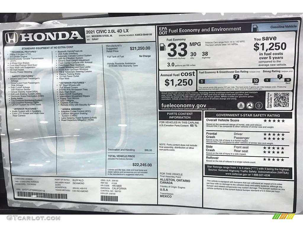 2021 Civic LX Sedan - Modern Steel Metallic / Gray photo #17