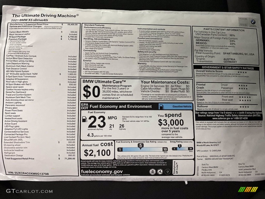 2021 BMW X5 sDrive40i Window Sticker Photos