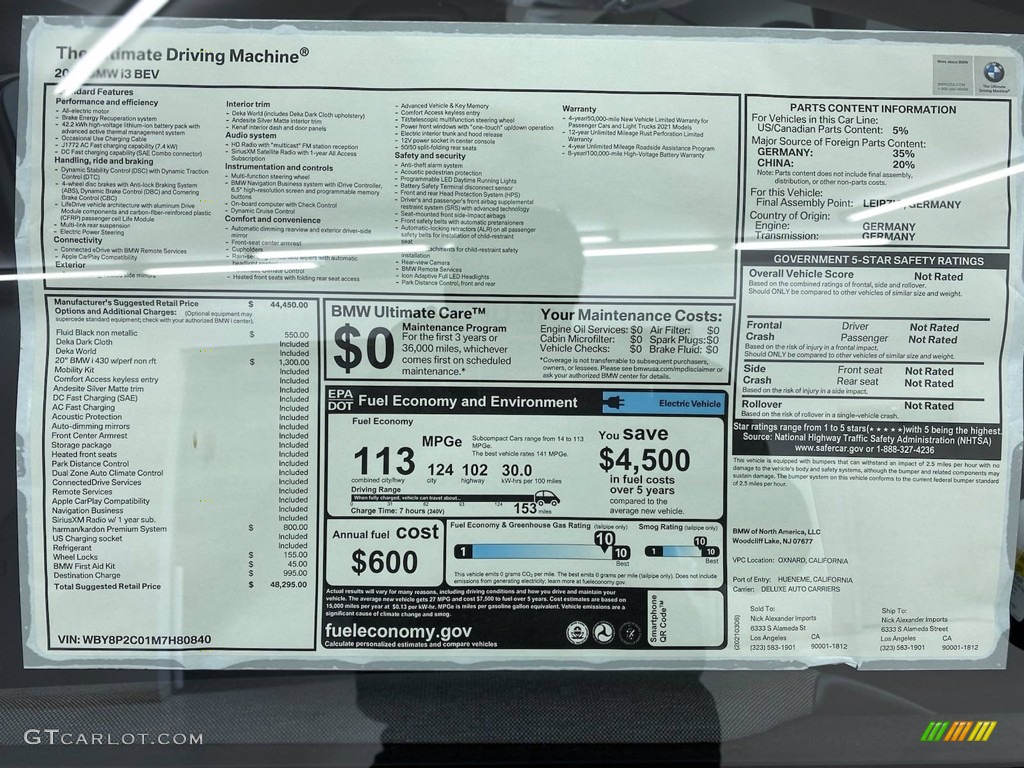 2021 BMW i3 Standard i3 Model Window Sticker Photos