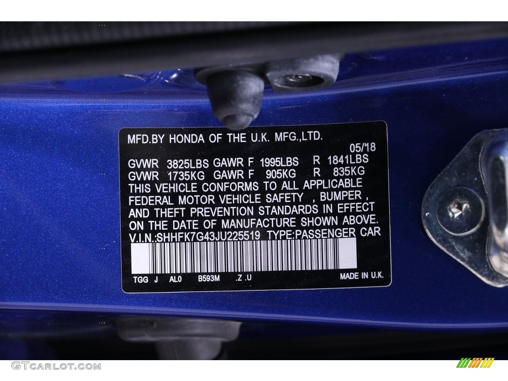 2018 Civic Color Code B593M for Aegean Blue Metallic Photo #141794672