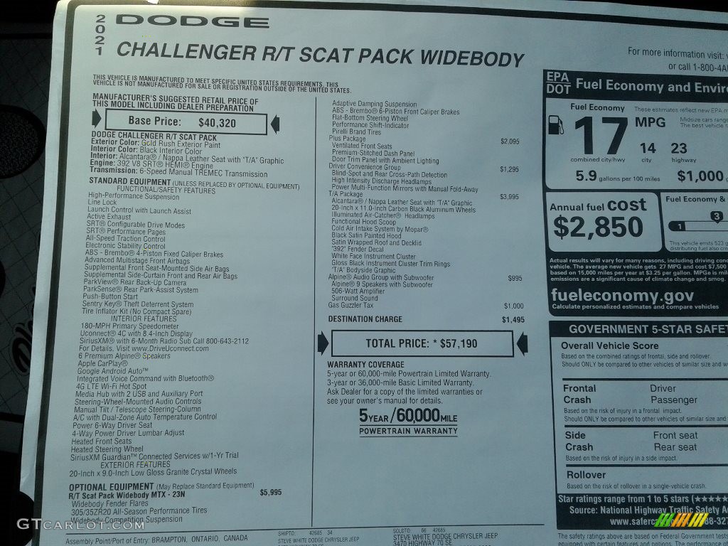 2021 Dodge Challenger R/T Scat Pack Widebody Window Sticker Photo #141798548