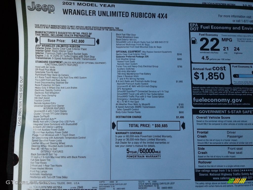 2021 Jeep Wrangler Unlimited Rubicon 4x4 Window Sticker Photo #141807718