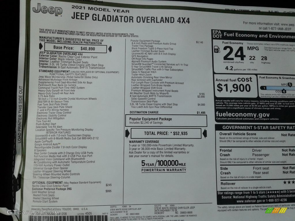 2021 Jeep Gladiator Overland 4x4 Window Sticker Photo #141808588