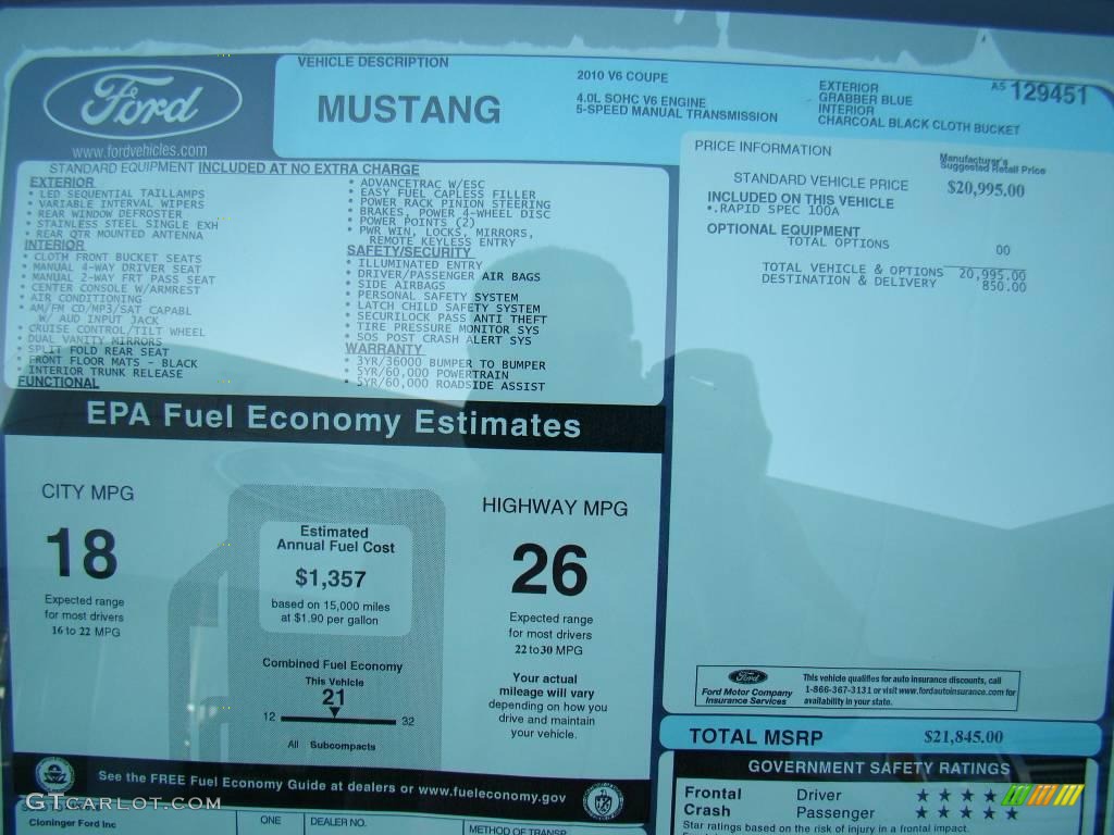 2010 Mustang V6 Coupe - Grabber Blue / Charcoal Black photo #12
