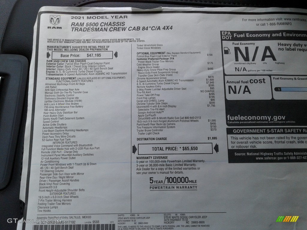 2021 Ram 5500 Tradesman Crew Cab 4x4 Chassis Window Sticker Photo #141825221