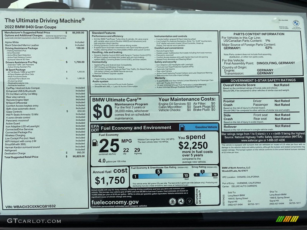 2022 BMW 8 Series 840i Gran Coupe Window Sticker Photo #141827519