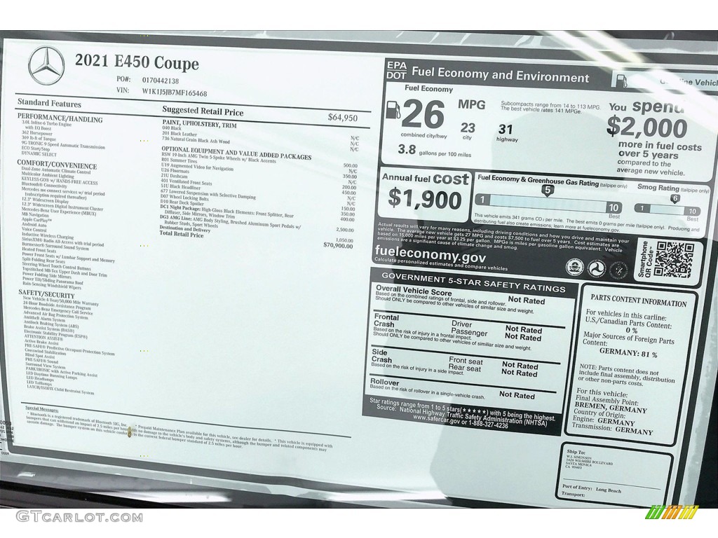2021 Mercedes-Benz E 450 Coupe Window Sticker Photo #141837571