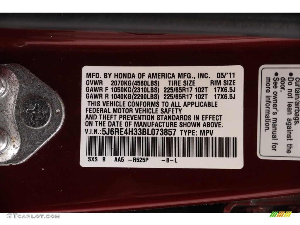 2011 CR-V LX 4WD - Tango Red Pearl / Gray photo #17
