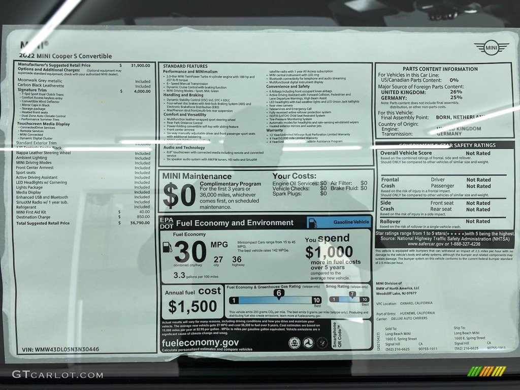 2022 Mini Convertible Cooper S Window Sticker Photos