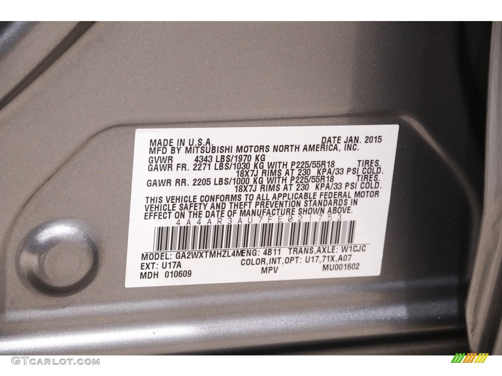 2015 Outlander Sport Color Code U17 for Mercury Gray Photo #141861391