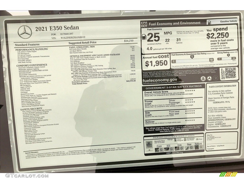 2021 Mercedes-Benz E 350 Sedan Window Sticker Photo #141865369