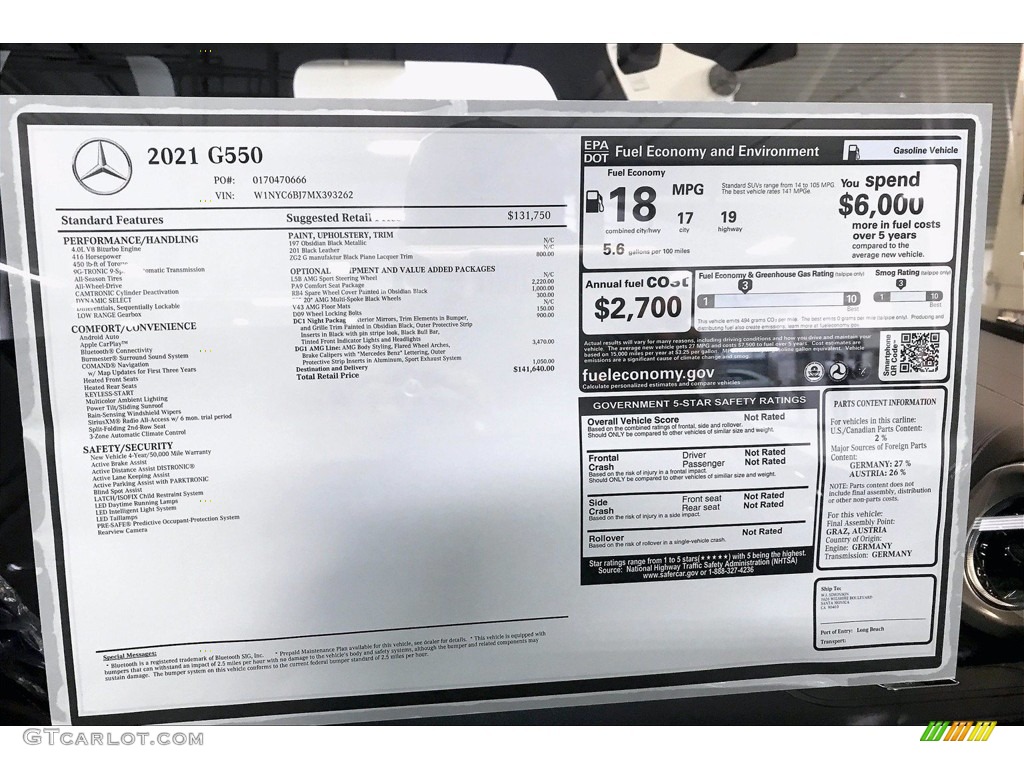 2021 Mercedes-Benz G 550 Window Sticker Photo #141875407