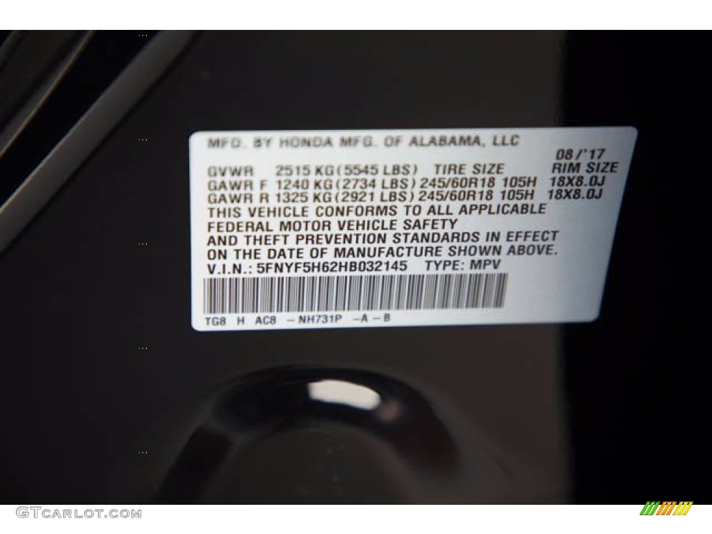 2017 Honda Pilot EX-L Color Code Photos