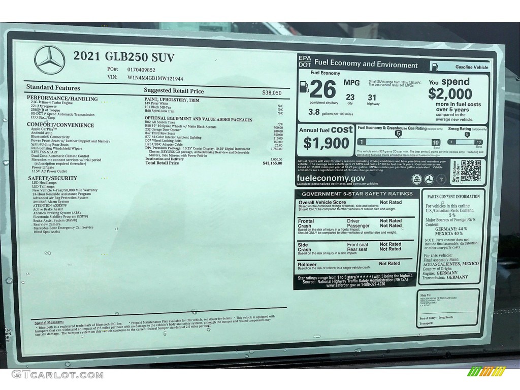 2021 Mercedes-Benz GLB 250 Window Sticker Photo #141903214