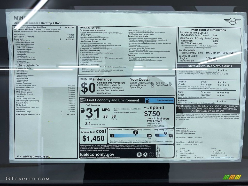 2022 Mini Hardtop Cooper S 2 Door Window Sticker Photo #141906396