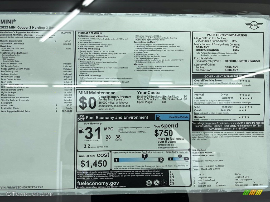 2022 Mini Hardtop Cooper S 2 Door Window Sticker Photo #141915546