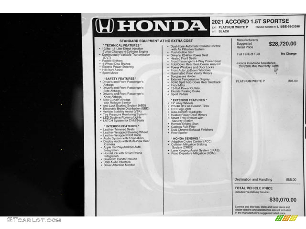 2021 Accord Sport SE - Platinum White Pearl / Black photo #37