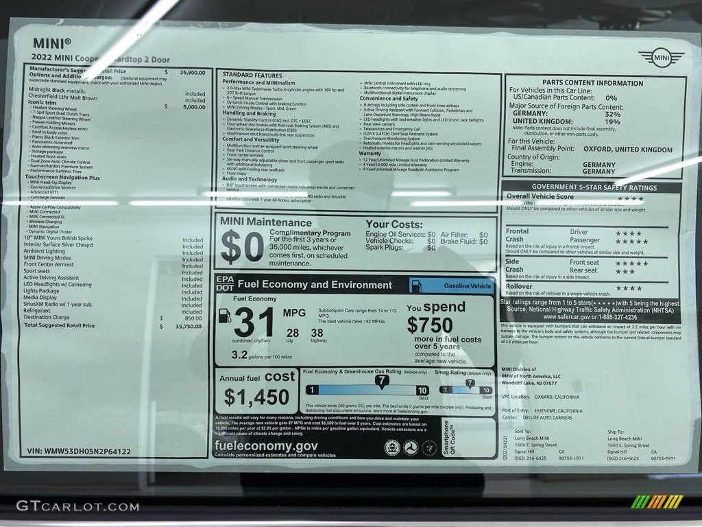 2022 Mini Hardtop Cooper S 2 Door Window Sticker Photo #141916158