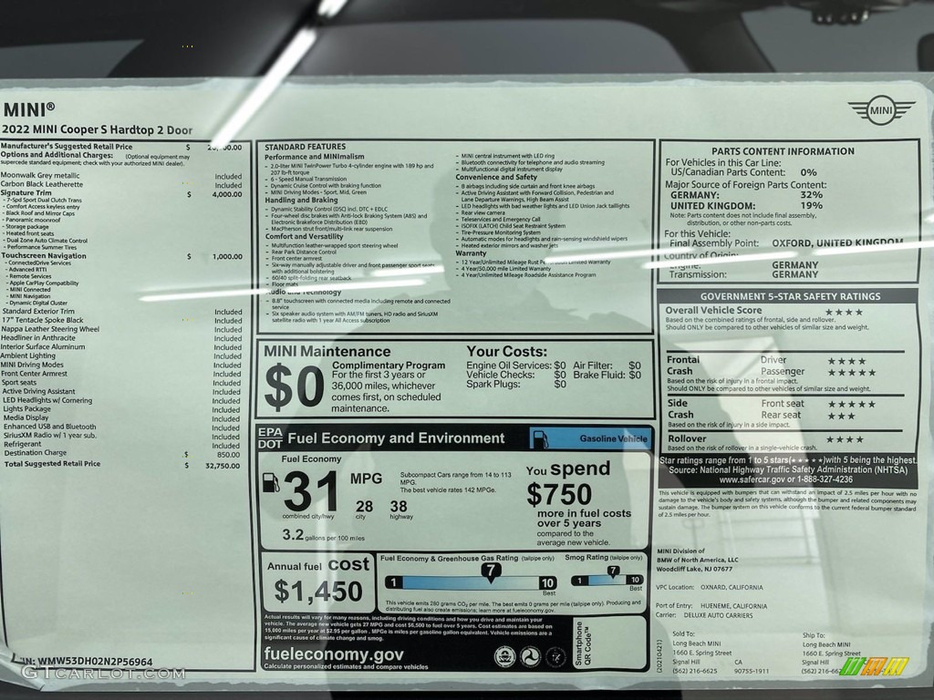 2022 Mini Hardtop Cooper S 2 Door Window Sticker Photo #141916800