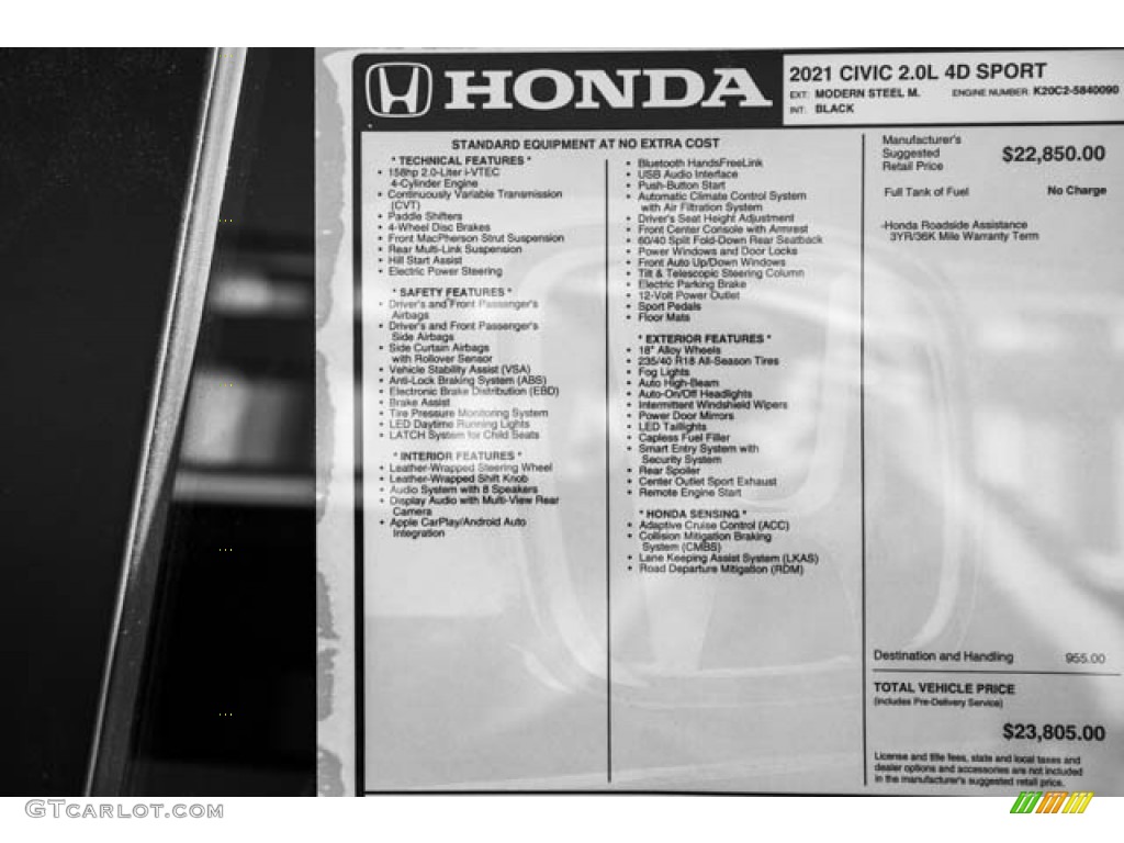 2021 Civic Sport Sedan - Modern Steel Metallic / Black photo #38