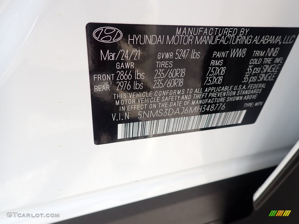 2021 Santa Fe Color Code WW8 for Quartz White Photo #141927126