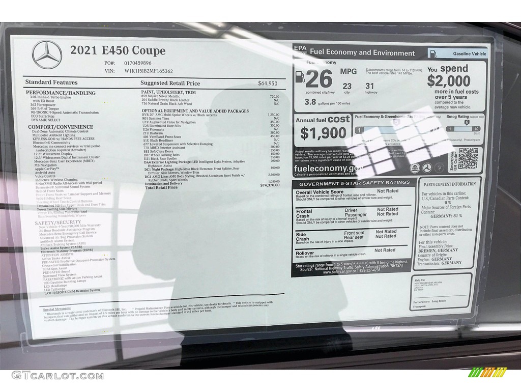2021 Mercedes-Benz E 450 Coupe Window Sticker Photo #141933225