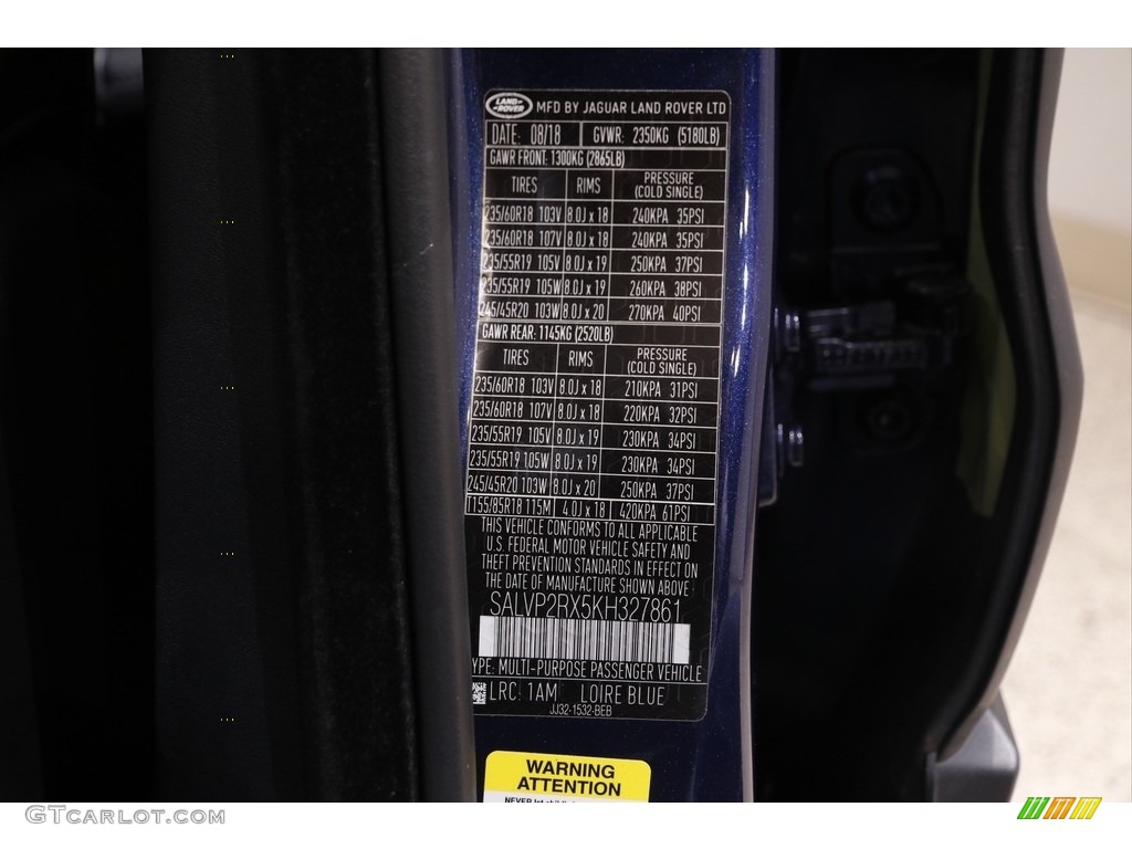 2019 Range Rover Evoque Color Code 1AM for Loire Blue Metallic Photo #141933843