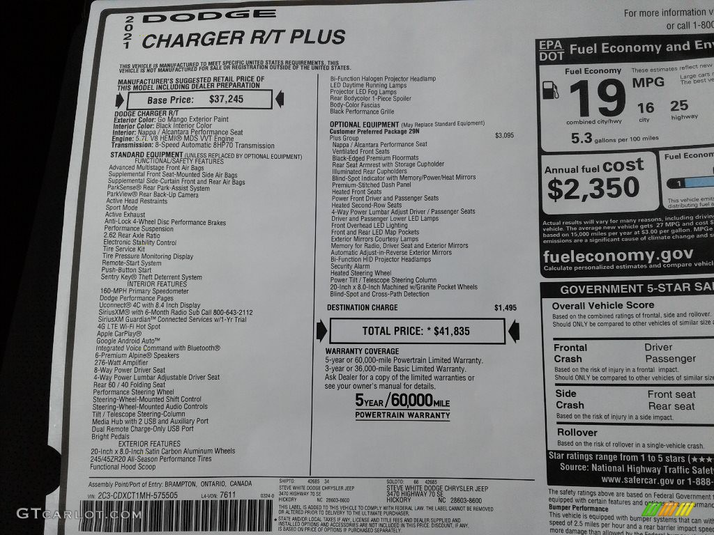 2021 Dodge Charger R/T Plus Window Sticker Photos