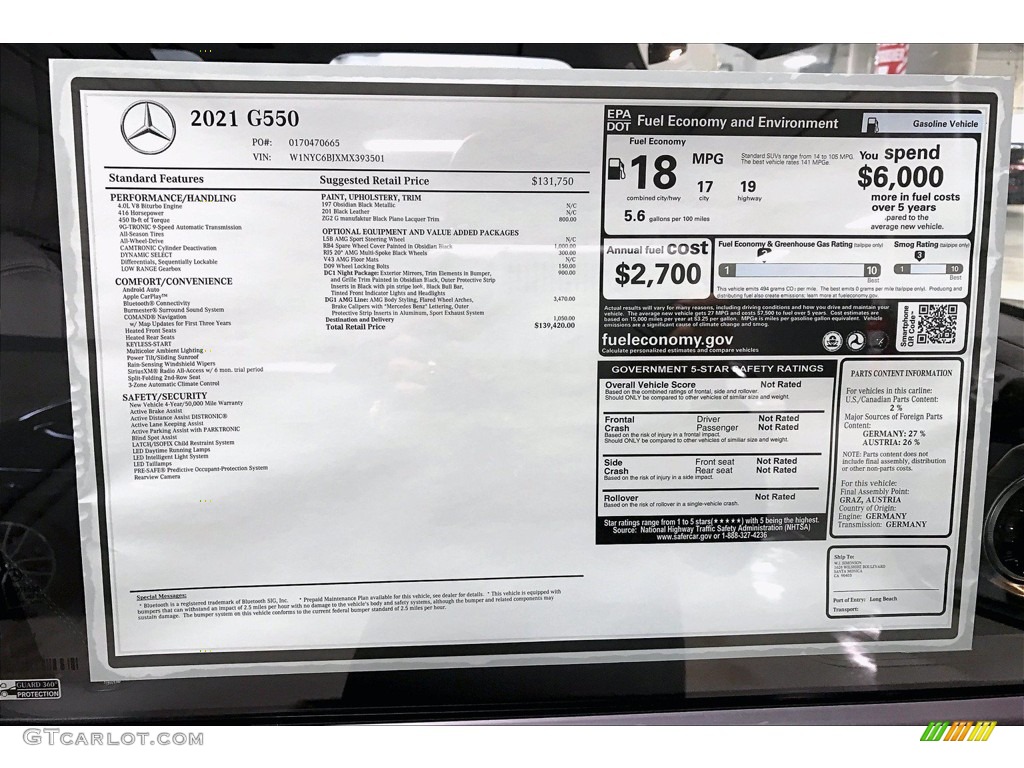 2021 Mercedes-Benz G 550 Window Sticker Photo #141944274