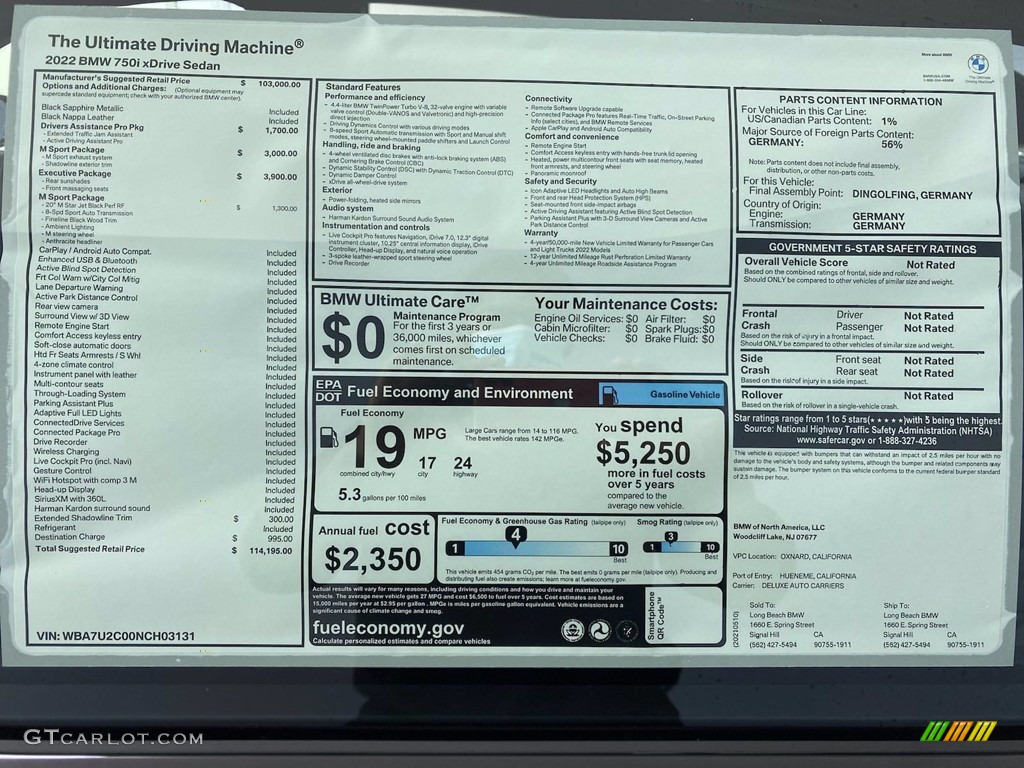 2022 BMW 7 Series 750i xDrive Sedan Window Sticker Photo #141956204
