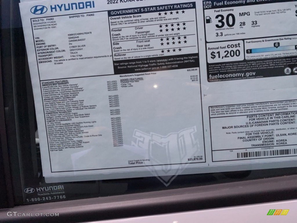 2022 Hyundai Kona SE AWD Window Sticker Photo #141966260